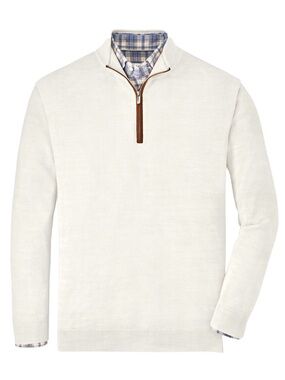 Peter Millar Autumn Crest 1/4 Zip Merino Wool Sweater Cream Suede Trim Sweater